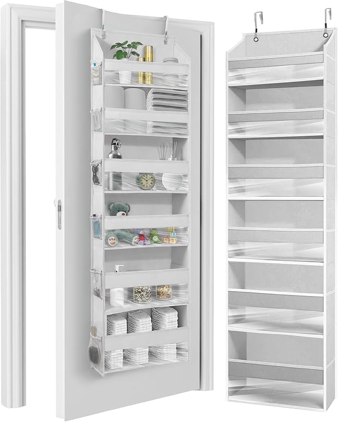 HOMELUX THEORY UPGRADED Over The Door Organizer Hanging - 100D EXTRA THICK & 50lbs HUGE CAPACITY 6 Large Front & 12 Side Pockets, Over The Door Shoe Organizer, Hanging Closet Organizer (LightGray 1pc)