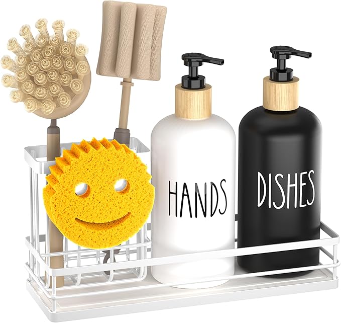 Moforoco Kitchen Dish Soap Dispenser Set, 16OZ Glass Bottle, Hand and Dish Soap Dispenser Set, Instant Dry Tray, Non-Slip Silicone Pad, Brush Holder with Smiley Face Sponge Holder, Kitchen Decor
