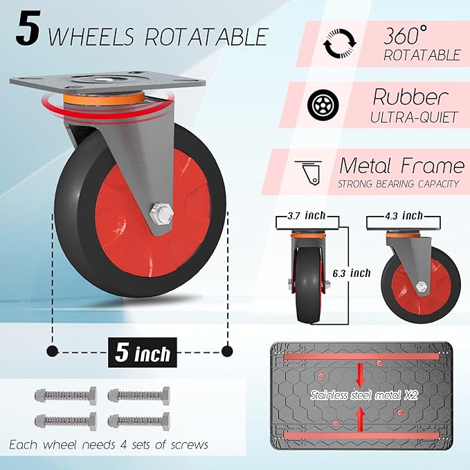 Utility Service Cart 2 Shelf - 880lbs Capacity Heavy-Duty Plastic Rolling Utility Carts with 5 of 360° Swivel Wheels and Handle, Large Service Cart for Groceries, Warehouse,Garage 43.5''x25.6''