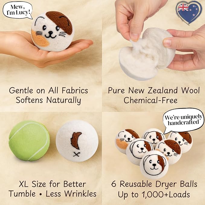 WoollyPals Wool Dryer Balls (6-Pack, XL Size)- 100% New Zealand Organic Wool - Sustainable & Eco-Friendly - Dry 1,000 Loads, Replaces Dryer Sheets, Reduces Static Cling, Reusable (Multi Colour)