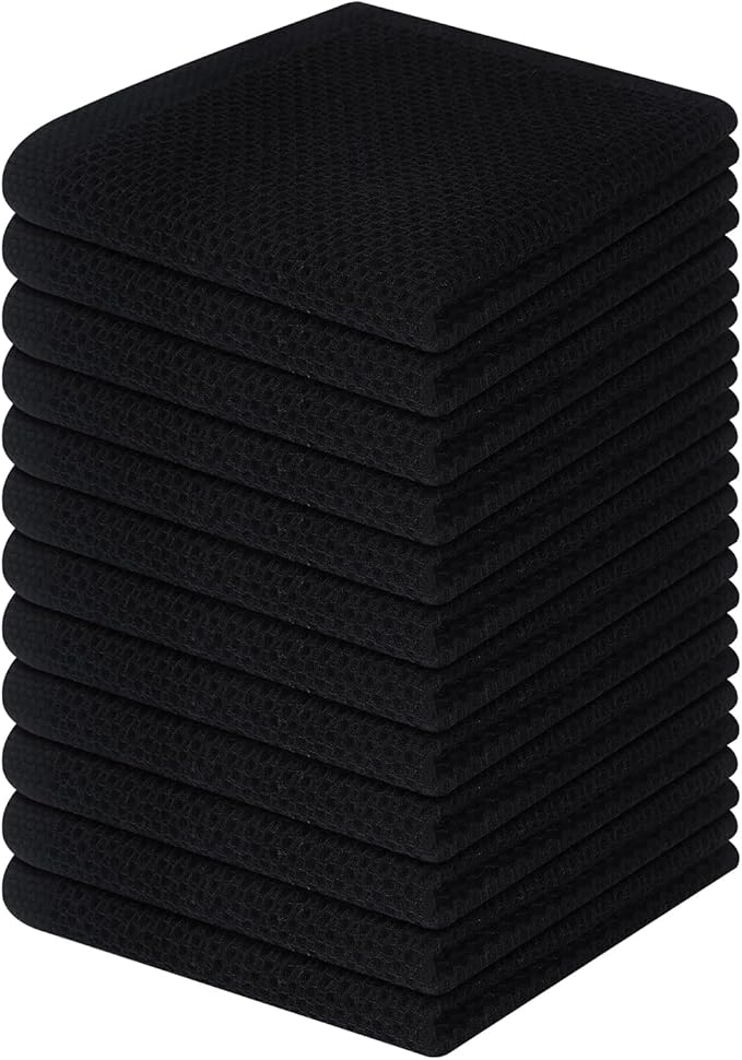 Homaxy 100% Cotton Waffle Weave Kitchen Dish Cloths, Ultra Soft Absorbent Quick Drying Dish Towels, 12 x 12 Inches, 12-Pack, Black