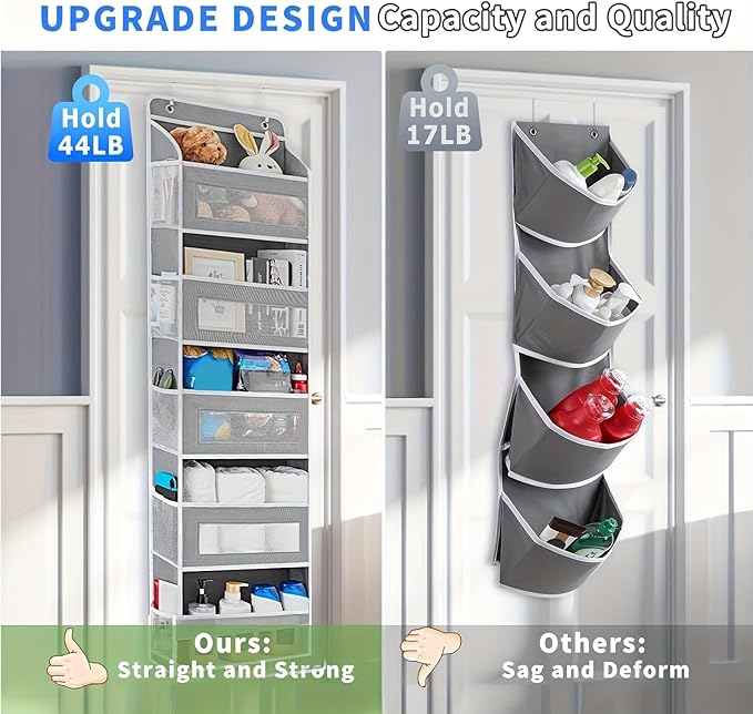Over The Door Organizer Storage, 5 Shelf Hanging Door Organizer with 5 Large Capacity Pockets, Anti Tilt 44 lb Load Hanging Organizer for Bedroom, Bathroom, Pantry, Nursery (Grey, 1 Pack)