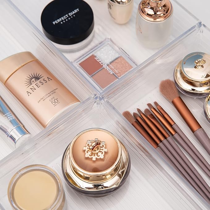 Backerysupply Clear Plastic Drawer Organizer Tray for Vanity Cabinet (9"×6"×2" Set of 4) For Office Bathroom Makeup Drawers