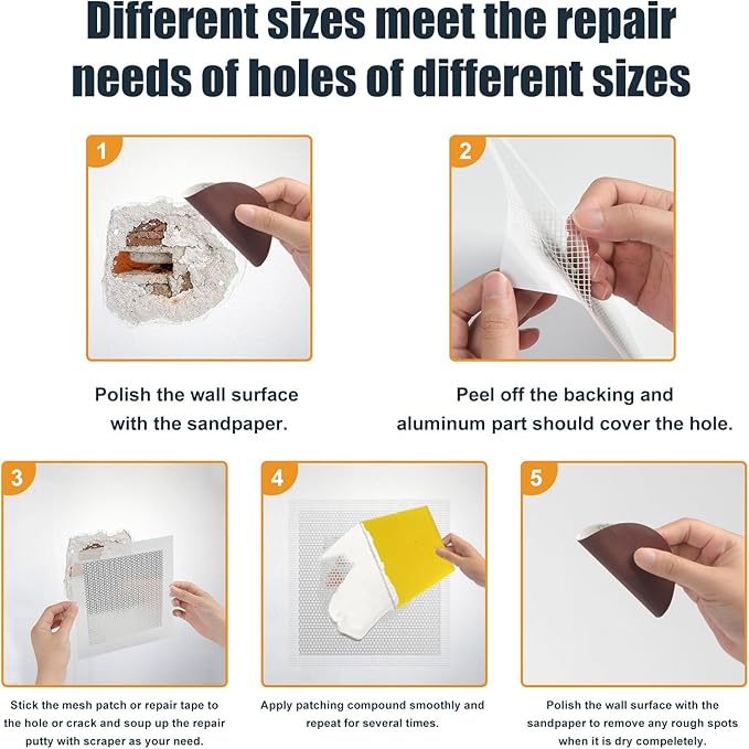 succulentlovers 8Pack Drywall Repair Kit, 6/8/12/12 Inch Dry Wall Patch Kits for Large Holes with Scraper & Sandpapers,Heavy Duty Self-Adhesive Mesh Drywall Hole Sheetrock Repair Kit for Wall Ceiling