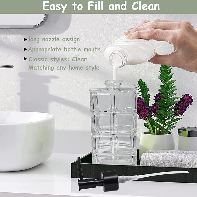 Clear Glass Soap Dispenser with Black Pump, 2 Pack 11oz Square Hand Dispenser, Refillable Lotion & Dish Soap, Bathroom Shower Gel