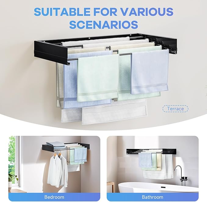 APEXCHASER Wall Mounted Clothes Drying Rack, Foldable Wall Mount Laundry Rack Folding Indoor, Drying Rack Clothing Collapsible, Hidden Space Saver with Wall Template, 5 Rods, Black