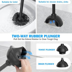 Toilet Plunger and Brush Set, Silicone Bowl Brush and Heavy Duty Toilet Plunger with Ventilated Holder, 2-in-1 Toilet Brush and Plunger Combo for 5.3-inch Toilet Drain Bathroom Deeply Cleaning (Black)