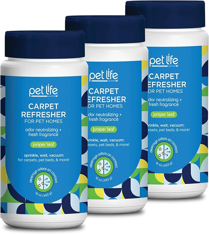 Pet Life Unlimited Carpet Refresher & Deodorizer Powder - Pet Safe, Plant-Based Juniper Leaf Scent, Made in USA - 16oz (Pack of 3)