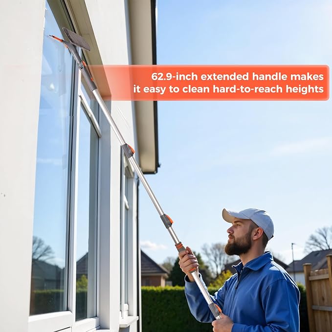 Squeegee for Window Cleaning 2-in-1 Cleaner Tool with Extension Pole and 2 Microfiber Pads, 360° Car Squeegee Kit Professional, 62 Inch for High Glass, Home,Outdoor
