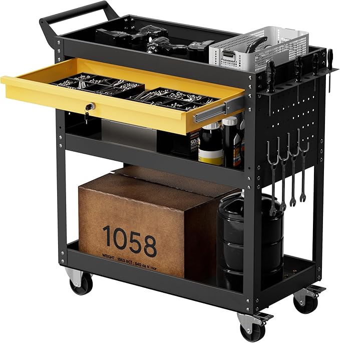 3 Tier Heavy Duty Rolling Tool Cart on Wheels with Drawer & Pegboard, 420Lbs Capacity Mobile Garage Storage Organizer Cart for Mechanics, Workshop