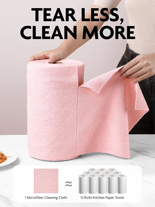 Fantasticlean Microfiber Cleaning Cloth Roll -150 Pack, Tear Away Microfiber Towels, 12" x 12", Reusable, Washable, Ultra Absorbent Dishcloth for Home Supplies, Car, Pet, Kitchen (2 Rolls of Pink)