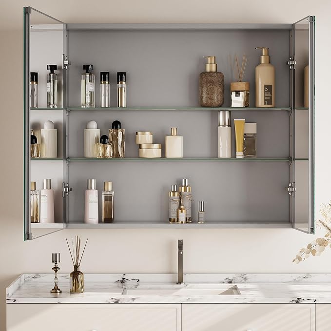 Bathroom Medicine Cabinet Mirror with Storage, 36 Inch x 26 Inch Silver Medicine Cabinet with Double Door & Adjustable Shelves for Vanity, Aluminum Surface, Wall-Mount or Recessed