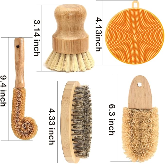 ECO Friendly Kitchen Cleaning Set, Wood & Bamboo Brushes for Dishes, Pots, Pans & Vegetables