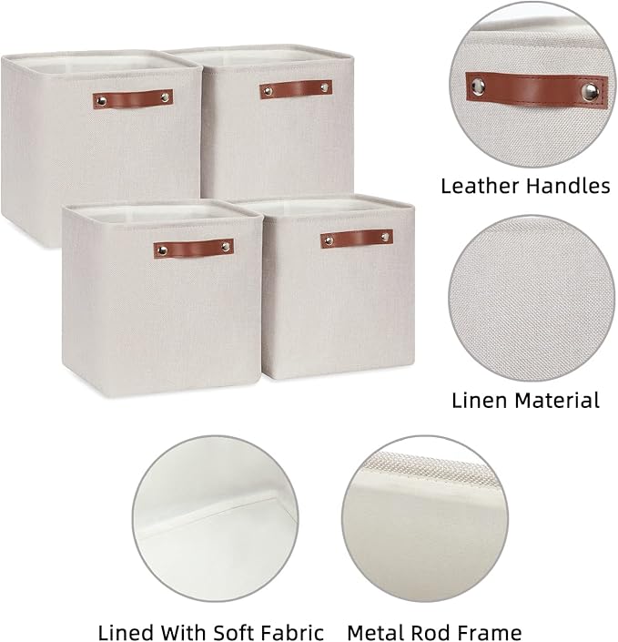 HNZIGE Cube Storage Baskets,Linen Storage Baskets for Shelves(4 Pack) Fabric Storage Basket for Toys,Baskets for Storage,Foldable storage cubes 11x11x11 for Books,Towels,Closet with Handles(Cream)
