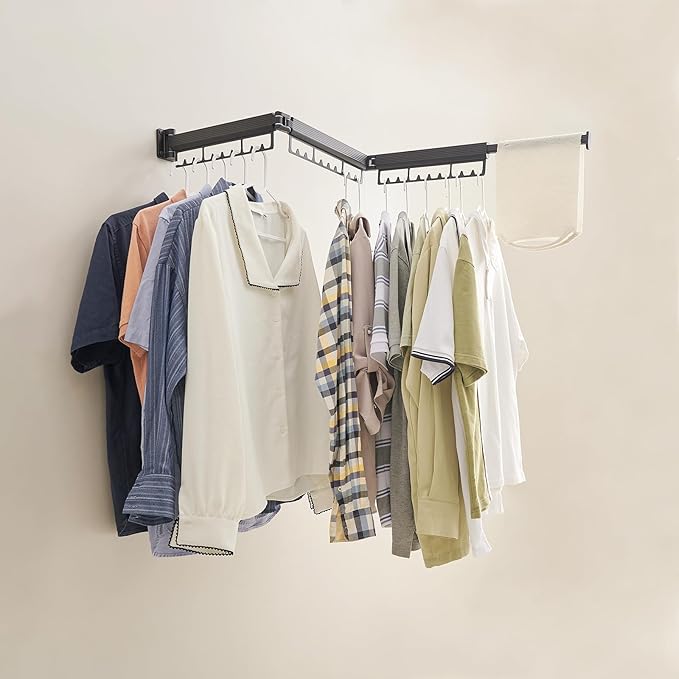 Drying Rack Clothing, Clothes Drying Rack Suitable for Laundry Room and Indoor as Outdoor, with Foldable Features, Wall Mounted Drying Rack, Retractable Clothesline with 30 Windproof Hooks (Black)