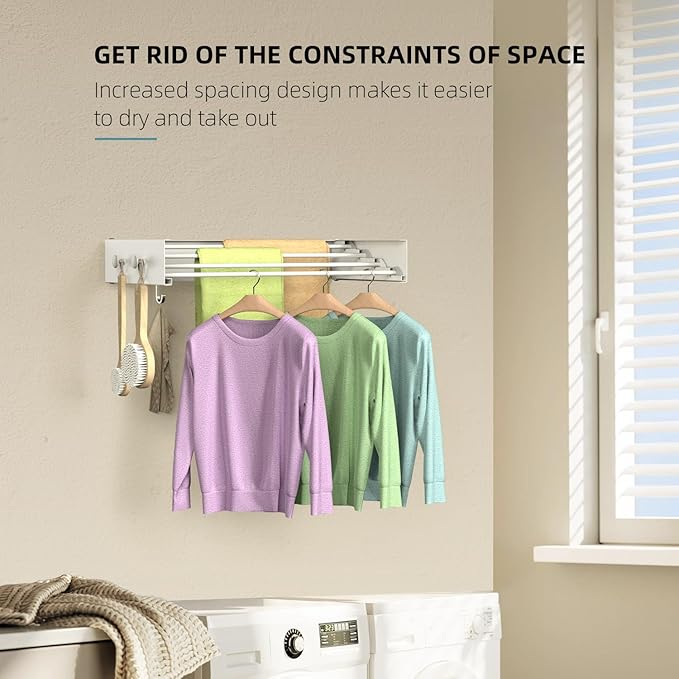 Drying Rack Clothing,Clothes Drying Rack Wall Mounted,Laundry Drying Rack Wall Mount,Foldable,Collapsible,60 lb Capacity 4 Aluminium Poles with 8 Hooks,Space Saving Clothes Drying Rack,White 23.6"