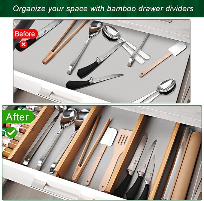 4 Pack Bamboo Kitchen Drawer Dividers 2.6" High, Adjustable from 12 Inch to 17 Inch Drawer Organizers, Expandable Drawer Separators for Clothes, Bedroom, Dresser, Office (Beige)