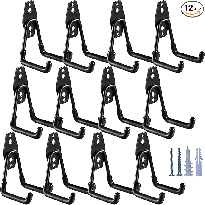 Heavy Duty Garage Hooks 12 Pack, 2.8 inch Small U Shaped Hanger, Wall Mounted Storage System, Power and Garden Tool Organizer, for Hanging Ladders, Hose, Bulk Items and More