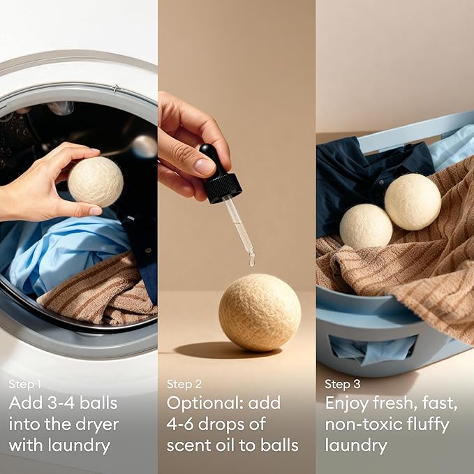 Vove Natural Hemp Dryer Balls Kit with Scent Drops - 4 Pack & Essential Oil Blend - 5X More Absorbent Than Wool - Natural Softener, Reduces Wrinkles and Static, Customizable Fresh Scent, Reusable