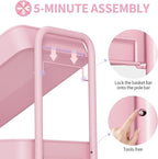 TOOLF 4-Tier Metal Rolling Cart with Wheels, Storage Utility Organizer Cart for Kitchen, Bathroom, Office, Baby Essentials & Makeup - Lockable Casters, Easy Assembly, 132 lbs Capacity, Pink