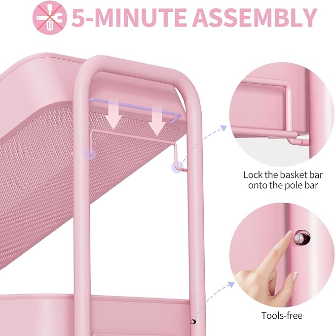 TOOLF 4-Tier Metal Rolling Cart with Wheels, Storage Utility Organizer Cart for Kitchen, Bathroom, Office, Baby Essentials & Makeup - Lockable Casters, Easy Assembly, 132 lbs Capacity, Pink