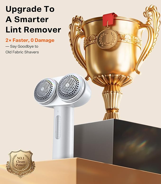 TORRAS Dual-Head Fabric Shaver, Longest Durability & 50ml Large Capacity Rechargeable Lint Removers to Remove Pills, 6-Leaf Blades Defuzzer, Electric Shaver for Clothes Couch Furniture, Pearl White