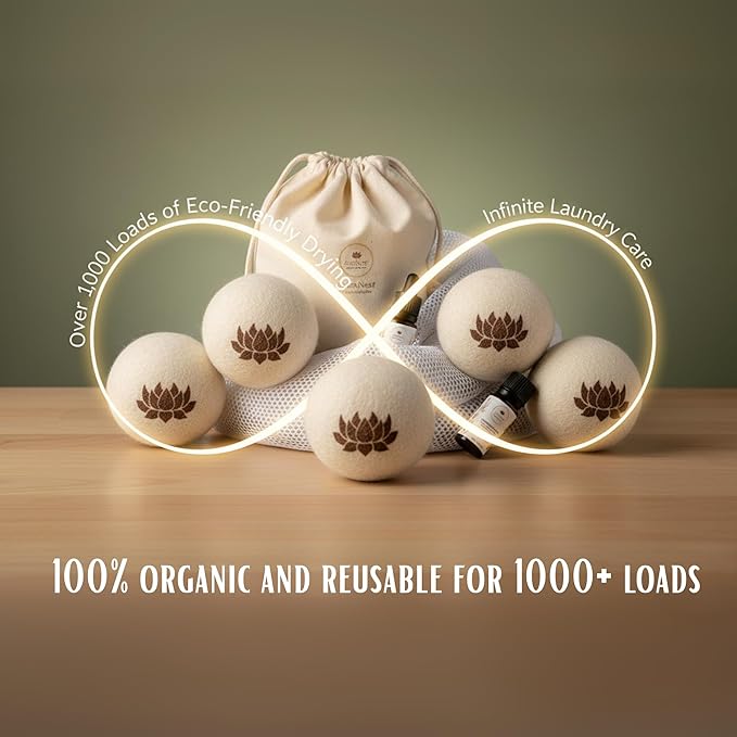 AuraNest Premium Quality Wool Dryer Balls Kit – 100% Organic XL Dryer Balls with Essential Oil & Laundry Mesh Bag, Reusable Fabric Softener Alternative to Dryer Sheets, Eco-friendly Housewarming Gift