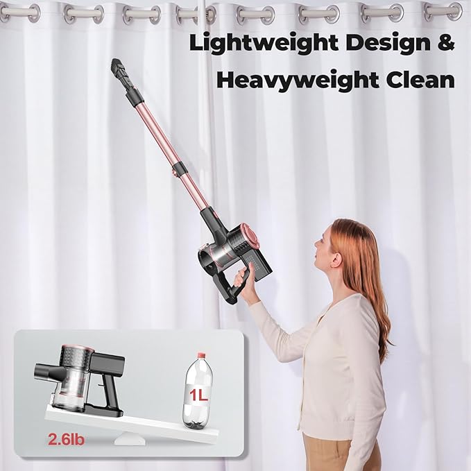 Cordless Vacuum Cleaner, Powerful Lightweight Stick Vacuum with Self-Standing, Anti-Tangle, 8-in-1 Rechargeable Vacuum Cleaners for Home, Hardwood Floors, Carpet, Pet Hair (Pink)