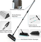 Floor Scrub Brush with Long Handle, Adjustable Stainless Steel Handle, Stiff Bristles & Rubber Squeegee Scraper, Heavy Duty Scrubber, Ideal for Cleaning Floor, Concrete, Deck, Hardwood, Patio, Tile