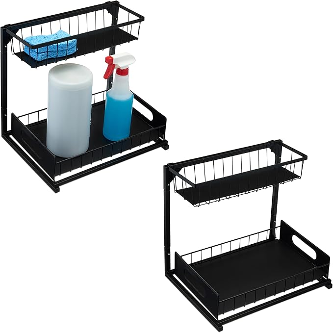 Amazon Basics L-Shape Under Sink Storage Pull Out Cabinet Organizer, Black, Pack of 2