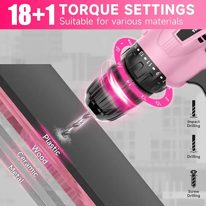 Tegatok Cordless Drill Set,12V Power Drill Set with Battery and Charger, Electric Driver Drills Bits, 3/8'' Keyless Chuck,18+1 Torque Setting with LED Electric Drills Set, Pink