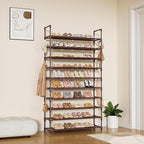 LANTEFUL Tall Shoe Rack 10 Tier Shoe Organizer Large Shoe Shelf with 18 Hooks Storage for 50 Pair Sneaker and Boot, Stackable Vertical Shoe Rack Organizer for Closet, Entryway, Bedroom, Brown