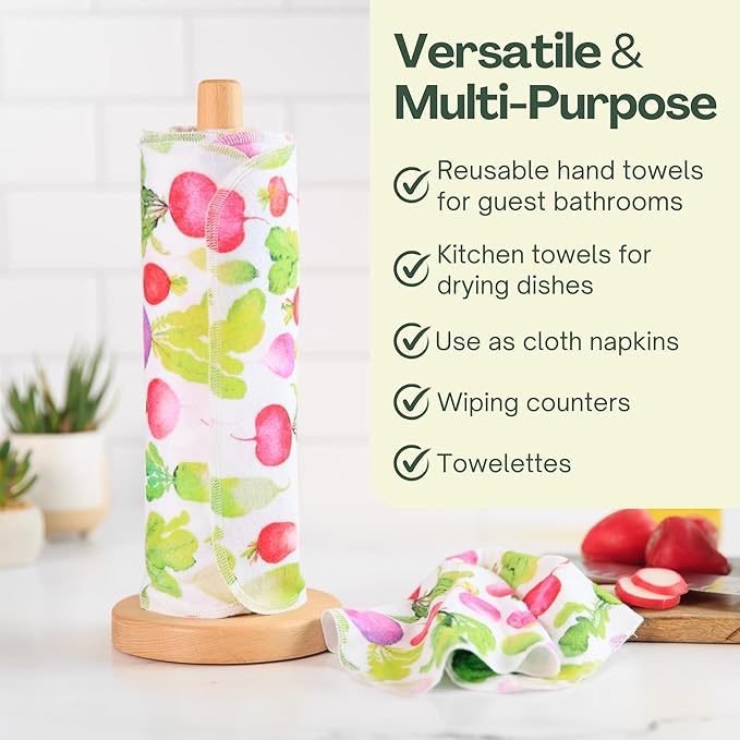 Reusable Paper Towels (12"x10”) - Soft Absorbent 100% Cloth Paper Towels-Washable Paper Towels Rolls w/Cardboard Roll-Reusable Napkins Washable-Dish Cloths (Summer Radish, 12x10inch)