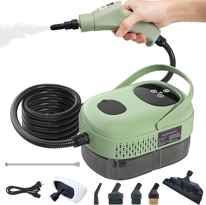 2500W Handheld Steam Cleaner, Pressurized Portable Steamer for Car Detailing, Home Cleaning, Upholstery, Kitchen, Bathroom, 35oz Tank, 6-Level Adjustable Steam Control (Green 2)