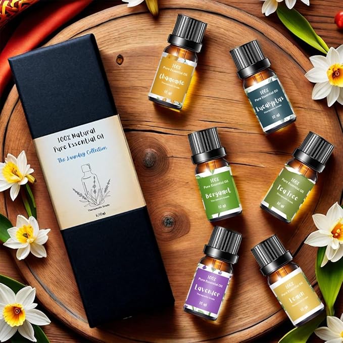 Essential Oils for Laundry | 100% Pure Therapeutic Grade Aromatherapy Essential Oil Set - Top 6 | Dryer Balls, Diffusers, Soaps, Candles | Lavender, Tea Tree, Eucalyptus, Bergamot, Lemon, Chamomile