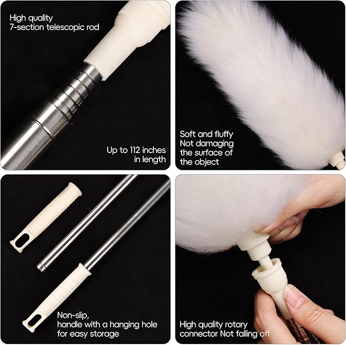 Extendable Lambswool Duster 29-110 Inch,Anti-Static Flexible Head, Stainless Steel Pole for Cleaning High Ceiling,Fan,Furniture,Roof Dusting