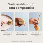 Vove Bamboo Dish Brush, FSC-Certified - Includes 3 Replacement Heads - Natural Fiber Bristles - Non-Toxic, Plastic-Free - Scrub Brush for Pots, Pans & Dishes