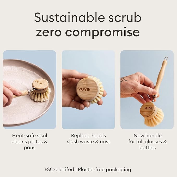 Vove Bamboo Dish Brush, FSC-Certified - Includes 3 Replacement Heads - Natural Fiber Bristles - Non-Toxic, Plastic-Free - Scrub Brush for Pots, Pans & Dishes