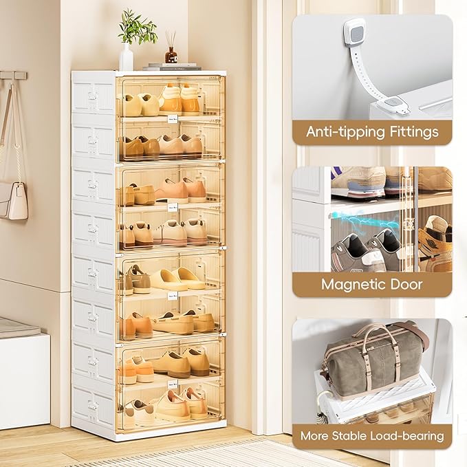 JEKO&JEKO 10-Tier Foldable Shoe Storage Box with Magnetic Doors, Large Stackable Shoe Organizer Cabinet for Entryway (White)