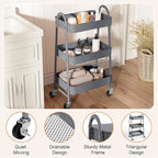 3-Tier Metal Rolling Utility Cart, Small Rolling Cart Kitchen Trolley Bathroom Laundry Room Bar Office Shelves Storage Organizer Shelving Unit with Caster Wheels for Narrow Places, Grey