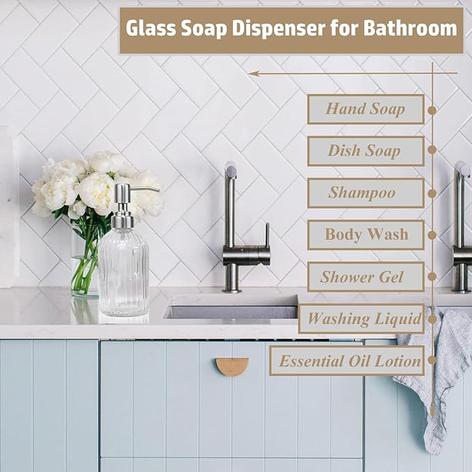 14Oz Clear Soap Dispenser Bathroom, Glass Hand Soap Dispensers with Stainless Steel Pump, Refillable Dish Soap Dispenser for Kitchen, Countertop Soap Dispensers