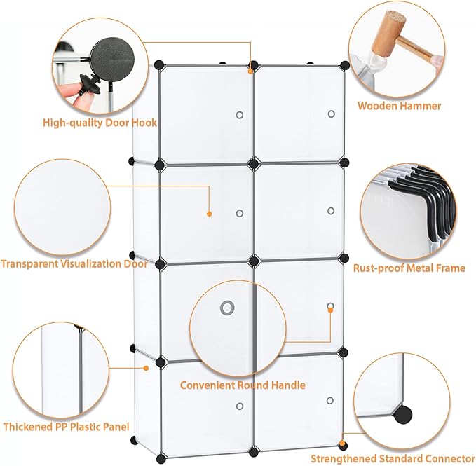 C&AHOME Cube Storage Organizer with Doors, 8-Cube Shelf, Closet Cabinet, DIY Plastic Modular Bookshelf, Storage Shelves Ideal for Bedroom,Living Room,24.8" L × 12.4" W × 48.4" H White USBTM3008B-DOOR