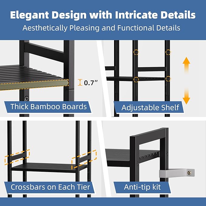 HITNET 5 Tier Narrow Bookshelf, Bamboo Bookcase, Slim Tall Storage Rack Free Standing Shelving Unit with Adjustable Shelves for Living Room Bedroom Bathroom, Black