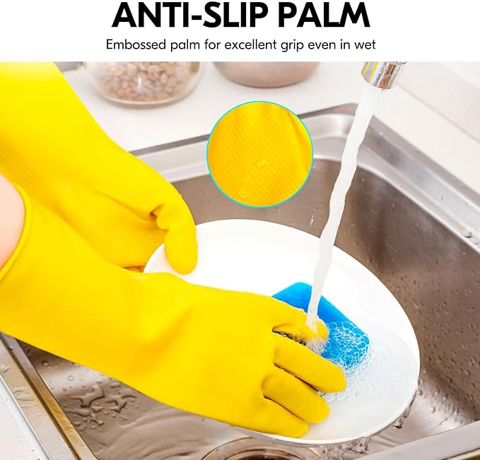 Vgo... 10-Pairs Reusable Household Gloves, Rubber Dishwashing gloves, Extra Thickness, Long Sleeves, Kitchen Cleaning, Working, Painting, Gardening, Pet Care (Size M, Yellow, HH4601)