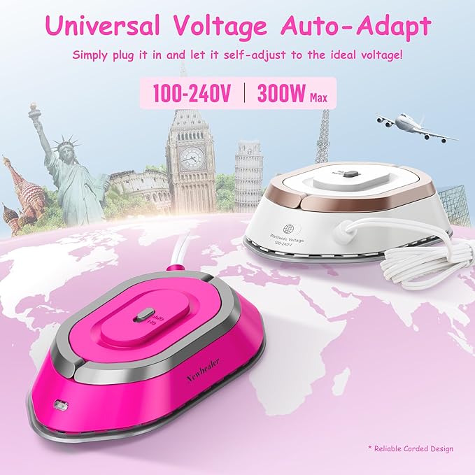 Newbealer Travel Iron with Global Voltage, 100-240V Mini Dry Iron for Clothes (No Steam), Max 300W, 60s Heat Up, 302℉ Non-Stick Ceramic Soleplate, 0.8lbs Ultra-Lightweight (Hotpink)