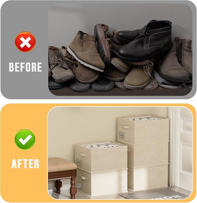 FHSQX 4 Pack Shoe Organizer for Closet,Foldable Shoe Organizer,Fits up to 48 Pairs,Storage Containers With Bottom Support for Shoes (Beige, (16.5 * 12.6 * 9.5) x4)