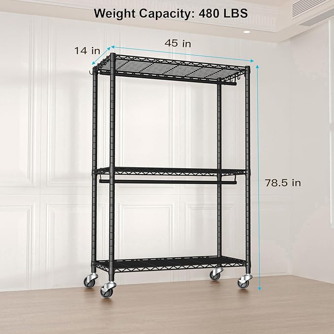 P3 Plus Rolling Clothes Rack, Clothing Racks for Hanging Clothes, Heavy Duty Garment Rack with Wheels, Freestanding Portable Closet Rack 45" W x 14" D x 78.5" H, Max Load 480 LBS, Black