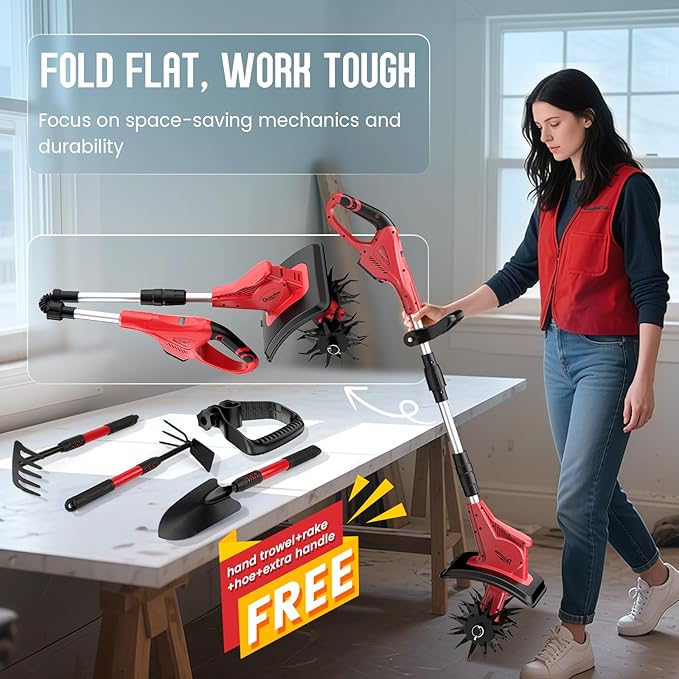 Cordless Tiller Cultivator Compatible with Milwaukee 18V Battery(Tool Only), Folding Electric Rototiller for Garden with 40 Steel Tines 310RPM, 9.1in Tilling Width and 6.3in Depth