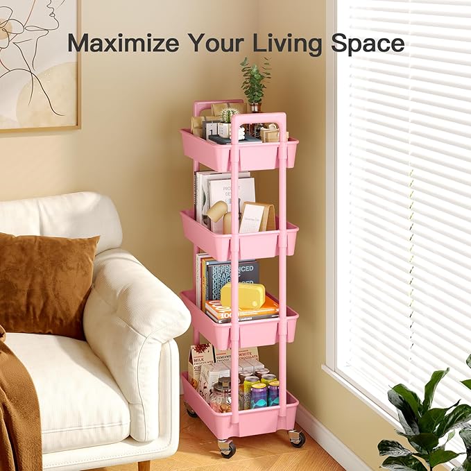 Pipishell 4-Tier Rolling Cart, Plastic Cart with Lockable Wheels & Reinforced Handle, Lightweight Utility Storage for Nursery, Bathroom, Craft Room, Pink