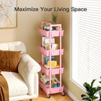 Pipishell 4-Tier Rolling Cart, Plastic Cart with Lockable Wheels & Reinforced Handle, Lightweight Utility Storage for Nursery, Bathroom, Craft Room, Pink